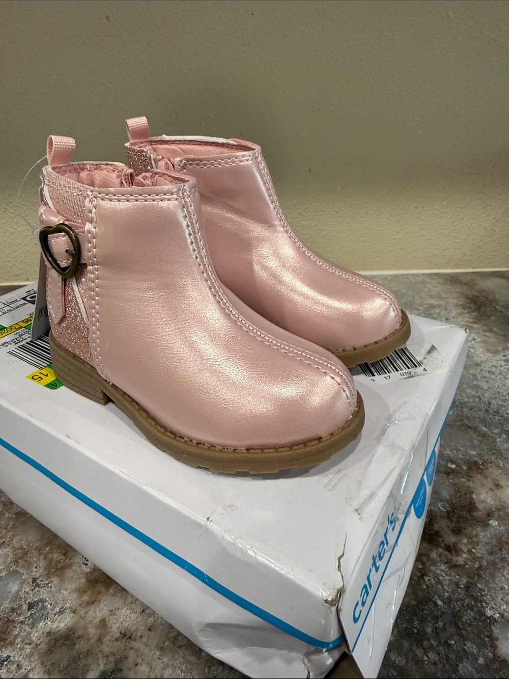 Carter's Shimmer Pink Ankle Boots with Heart Buckle